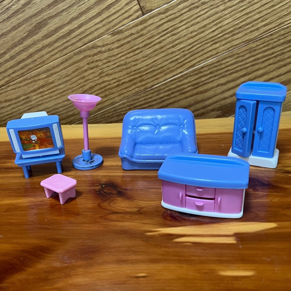 Vintage Mini Dollhouse Furniture Lot TV Couch Lamp Cabinet Stool Blue Pink SML